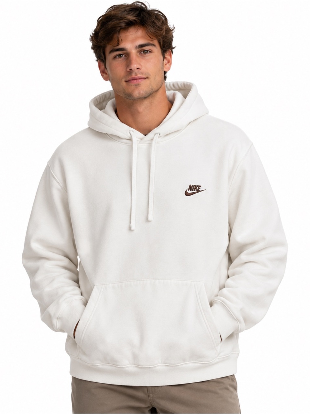 Nike Club Fleece Hoodie Men’s XL White Brown Logo Unisex Oversized